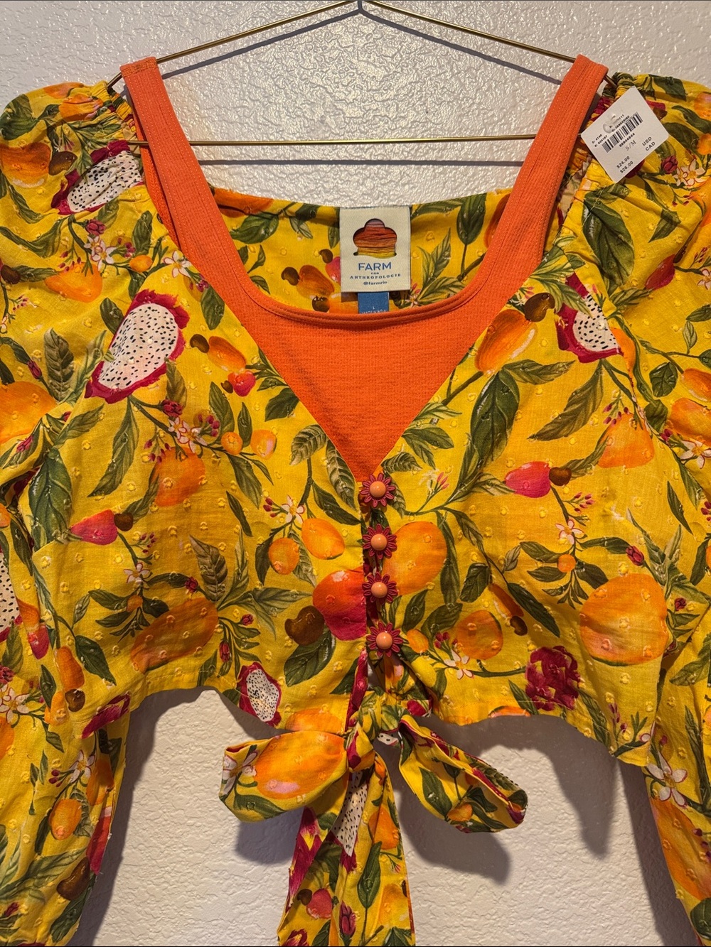 Anthropologie Farm Rio Yellow Fruit Tie-Front Women's Top with Tank Top NWT
